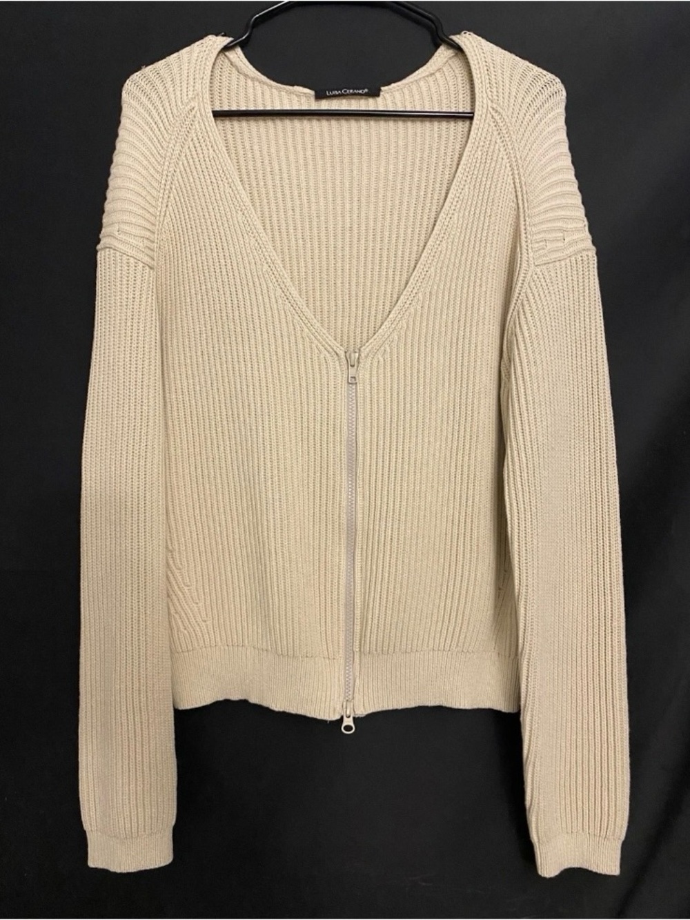 Tan Zip-Front V-Neck Ribbed Sweater